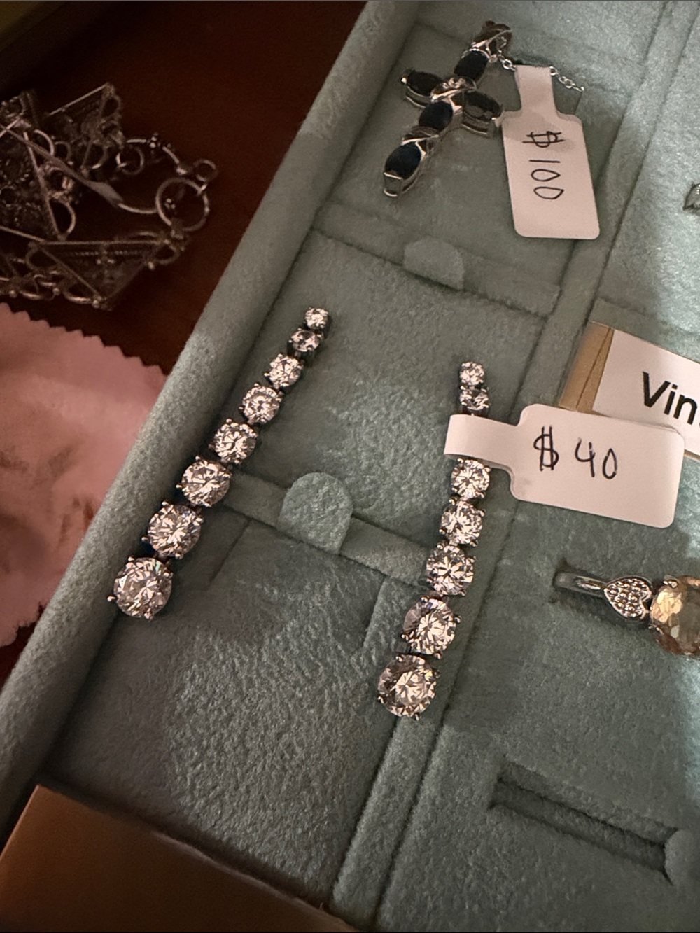 Sterling silver cubic zirconia tennis dangle earrings post back